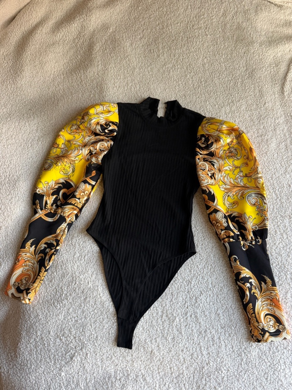 AKIRA Black Ribbed Bodysuit with Yellow Baroque Puff Sleeves - Picture 6 of 7